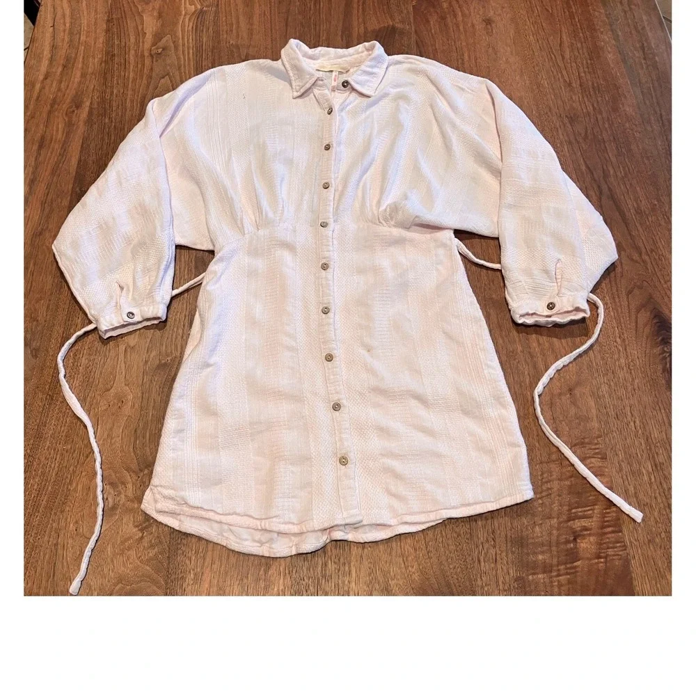 Free‎ People Pink Textured Button Front Mini Dress Side Tie Long Sleeve Medium